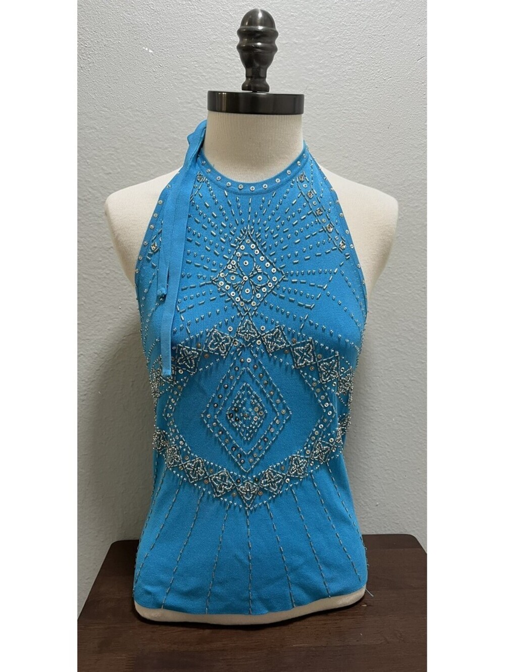 VTG Cache Aqua Blue Beaded Sequin Halter Top Sz M Y2K